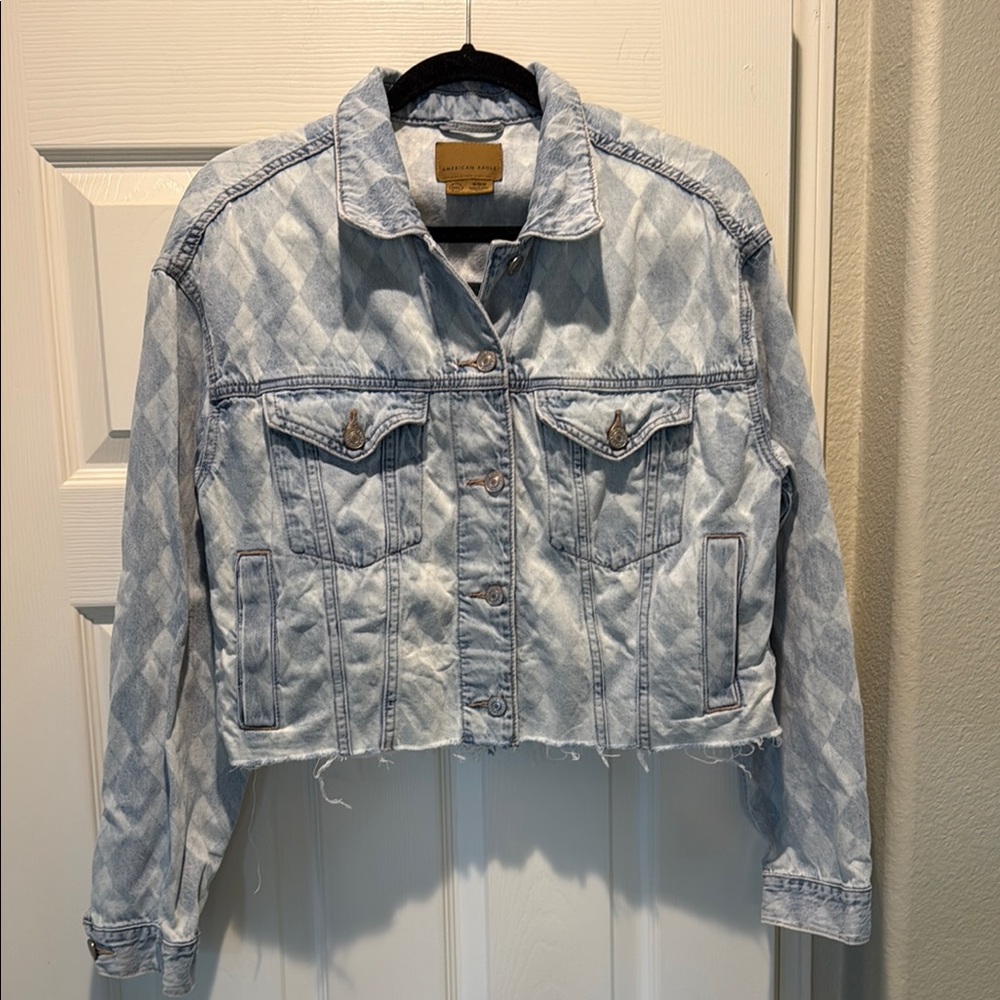 American Eagle lightweight Light Blue Denim Jacket with fringe detail at bottom